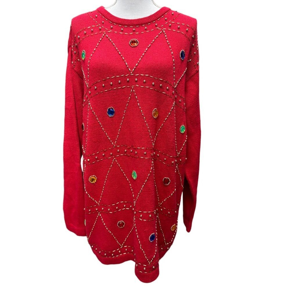OHI Vintage Holiday Sparkly Bejeweled and Beaded Red Sweater Size‎ XL